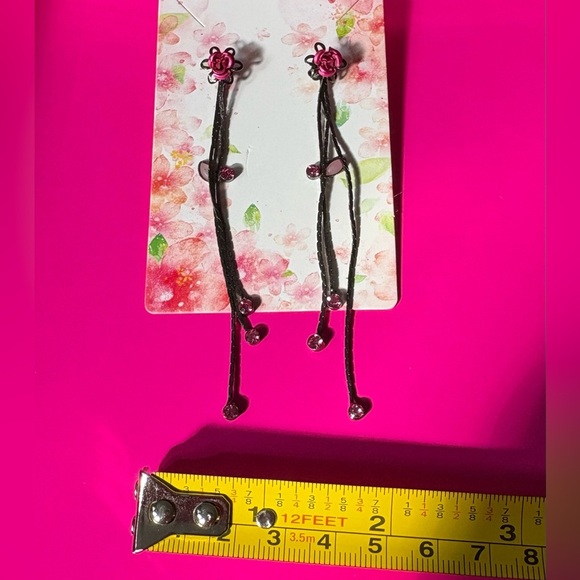 Black & Pink Dangle Earrings | Flower Rhinestone Drop - Antique Inspired - Picture 4 of 6